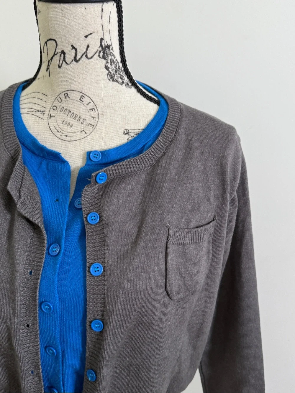 Womens Gray Double Layer Knit Cardigan Button Front Long Sleeve Sweater M Preepy - Picture 4 of 7